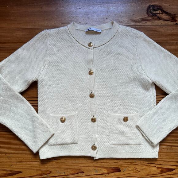 Zara cream knit gold button cardigan sweater SIZE L - Picture 1 of 5